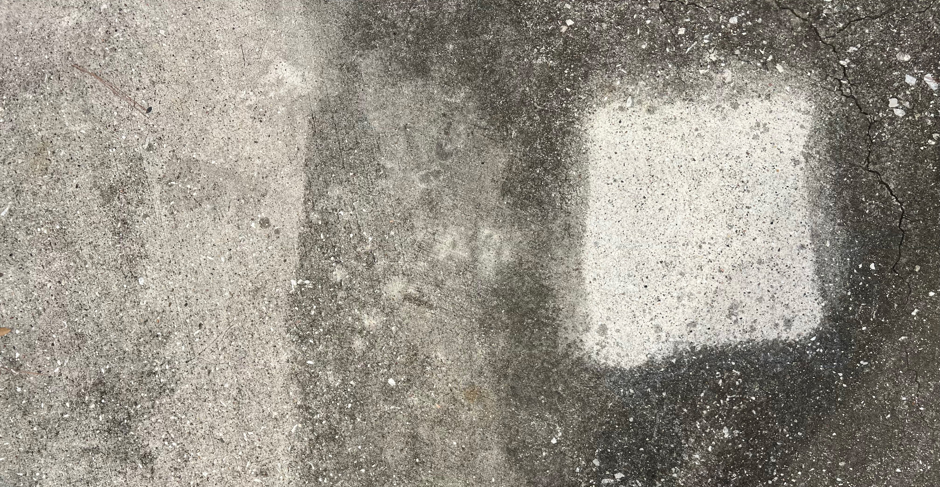 Macro close-up at 33 months showing bright untouched double-coat square against weathered concrete